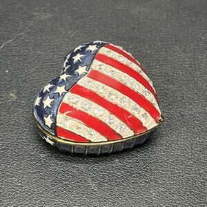 Patriotic Gold Toned W/Rhinestone Trinket Metal Heart Shaped Pill Box